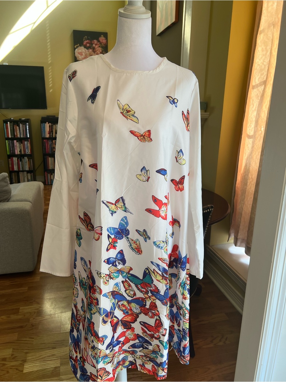 White Butterfly Print Long Sleeve Shift Dress